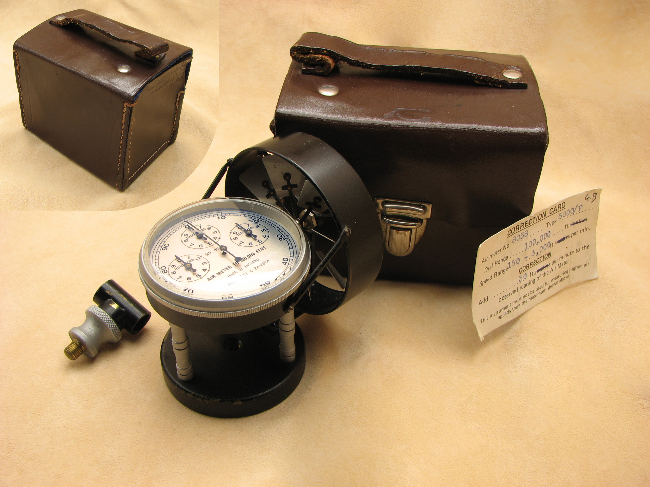 Vintage Negretti & Zambra medium speed Air meter in fitted leather case